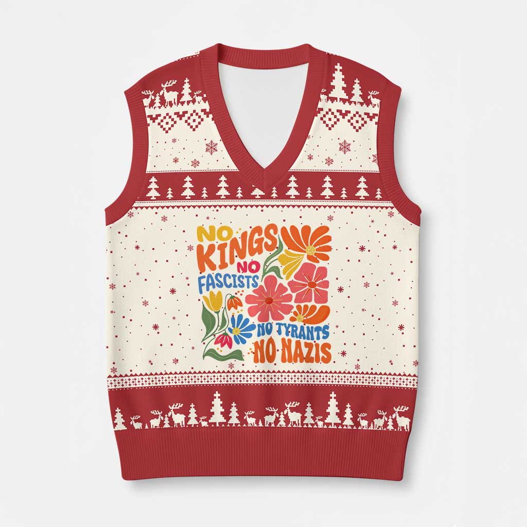 No Kings Wildflower Protest V-Neck Knit Sweater Vest No Fascists No Tyrants No Nazis