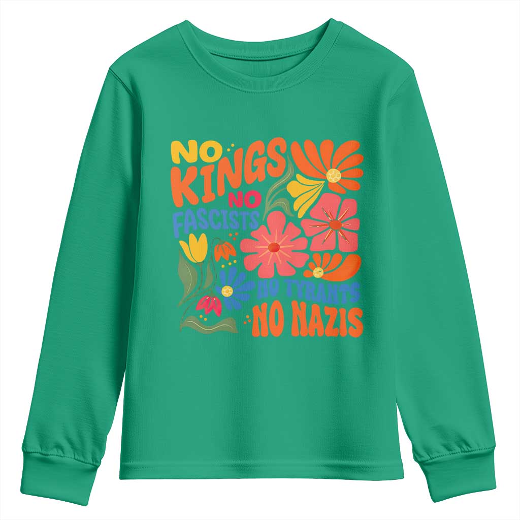 No Kings Wildflower Protest Youth Sweatshirt No Fascists No Tyrants No Nazis