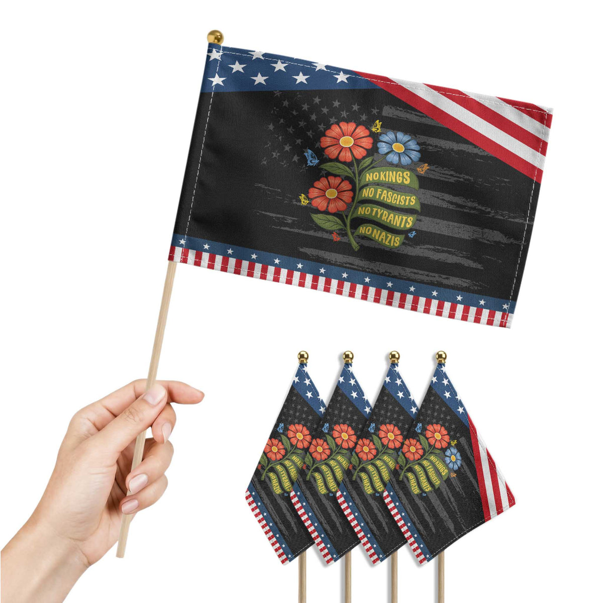 Wildflower Protest Freedom Gift Patriotic Handheld Flag No Kings No Fascists No Tyrants