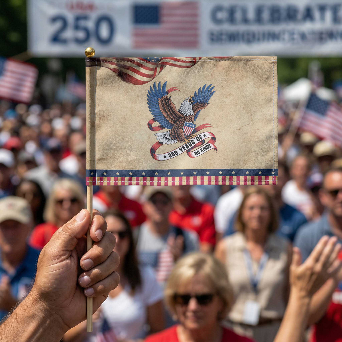 250 Years of No Kings Patriotic Handheld Flag USA 250th Anniversary Freedom Eagle