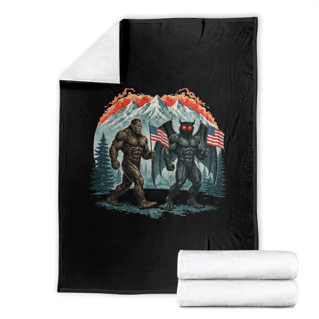 Patriotic Bigfoot And Mothman Throw Blanket Funny Cryptid Lover Gift