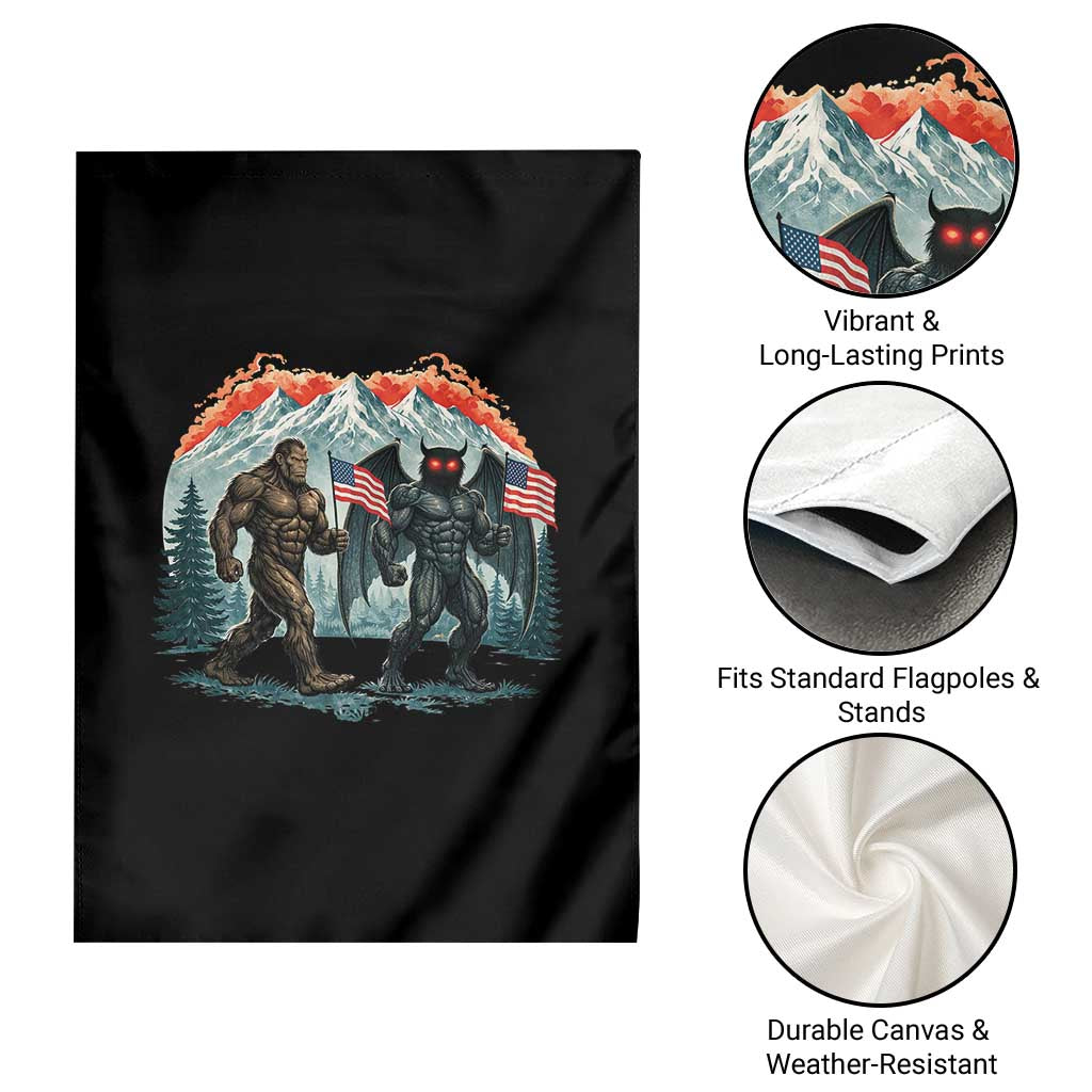 Patriotic Bigfoot And Mothman Garden Flag Funny Cryptid Lover Gift