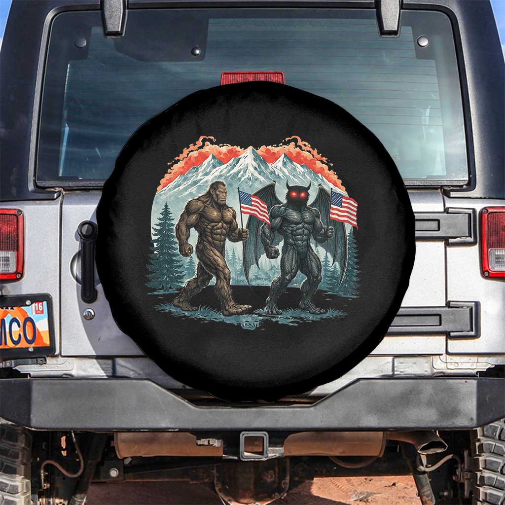 Patriotic Bigfoot And Mothman Spare Tire Cover Funny Cryptid Lover Gift