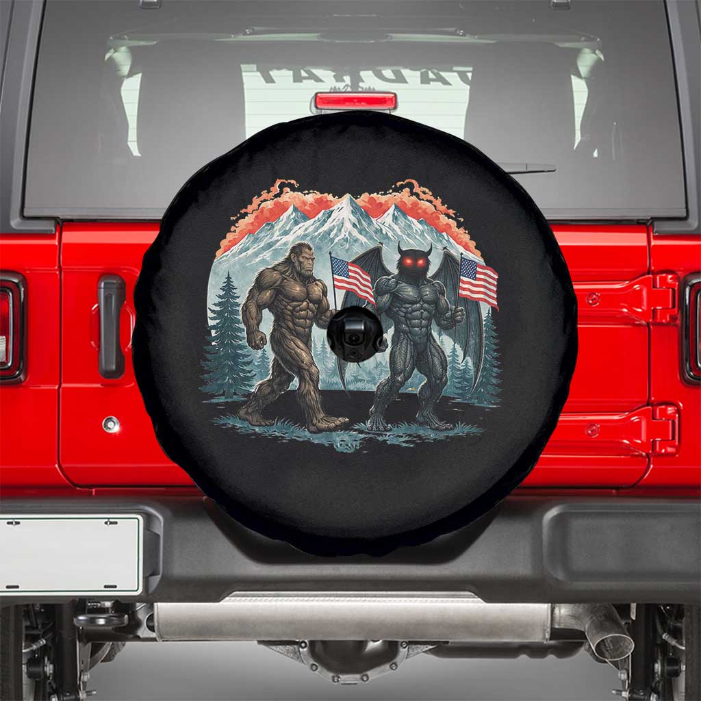 Patriotic Bigfoot And Mothman Spare Tire Cover Funny Cryptid Lover Gift