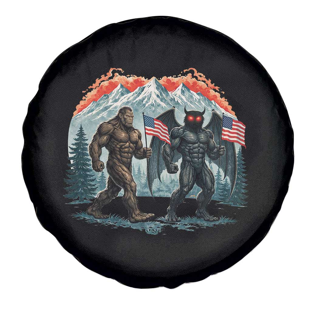 Patriotic Bigfoot And Mothman Spare Tire Cover Funny Cryptid Lover Gift
