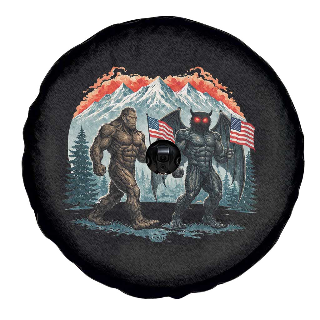 Patriotic Bigfoot And Mothman Spare Tire Cover Funny Cryptid Lover Gift