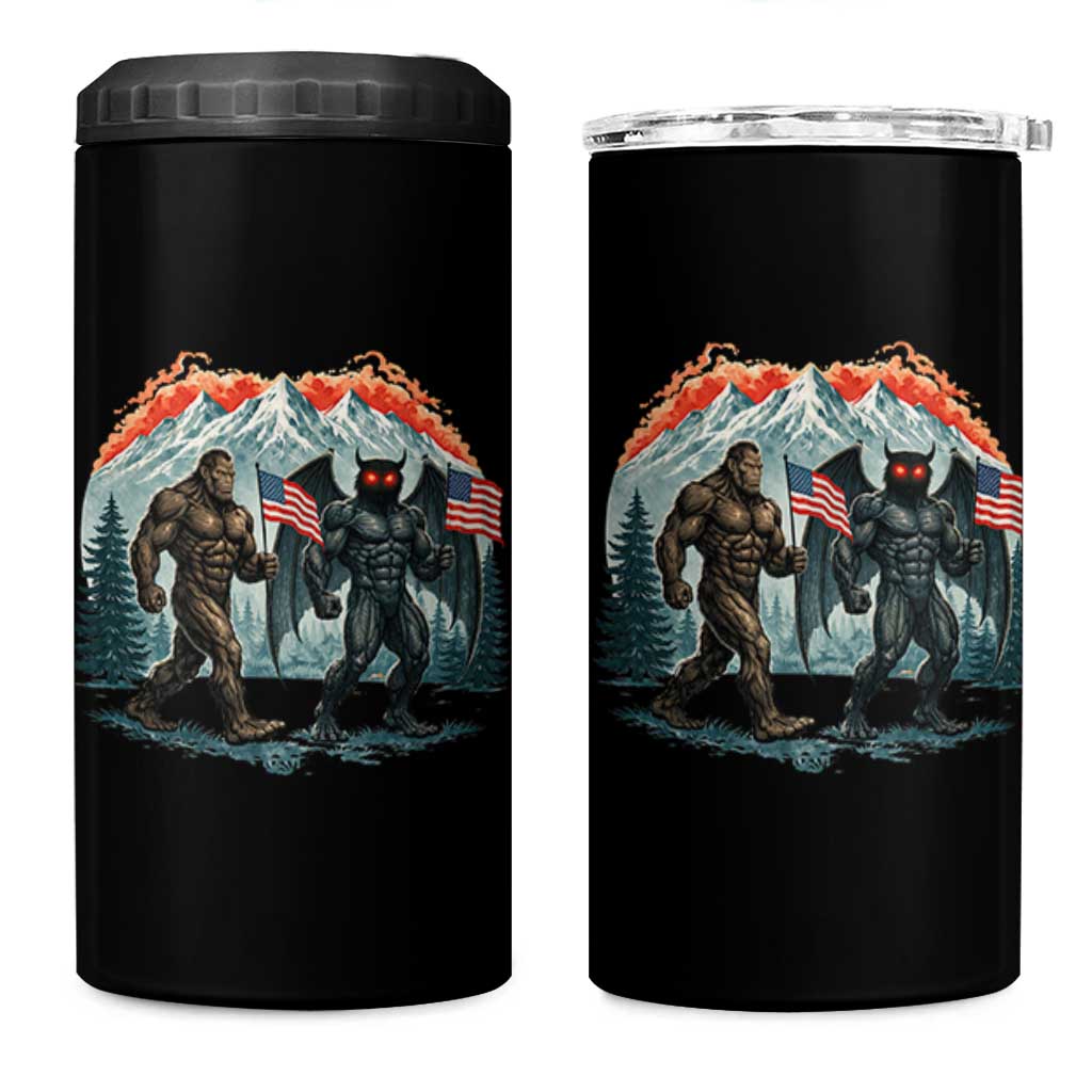 Patriotic Bigfoot And Mothman 4 in 1 Can Cooler Tumbler Funny Cryptid Lover Gift