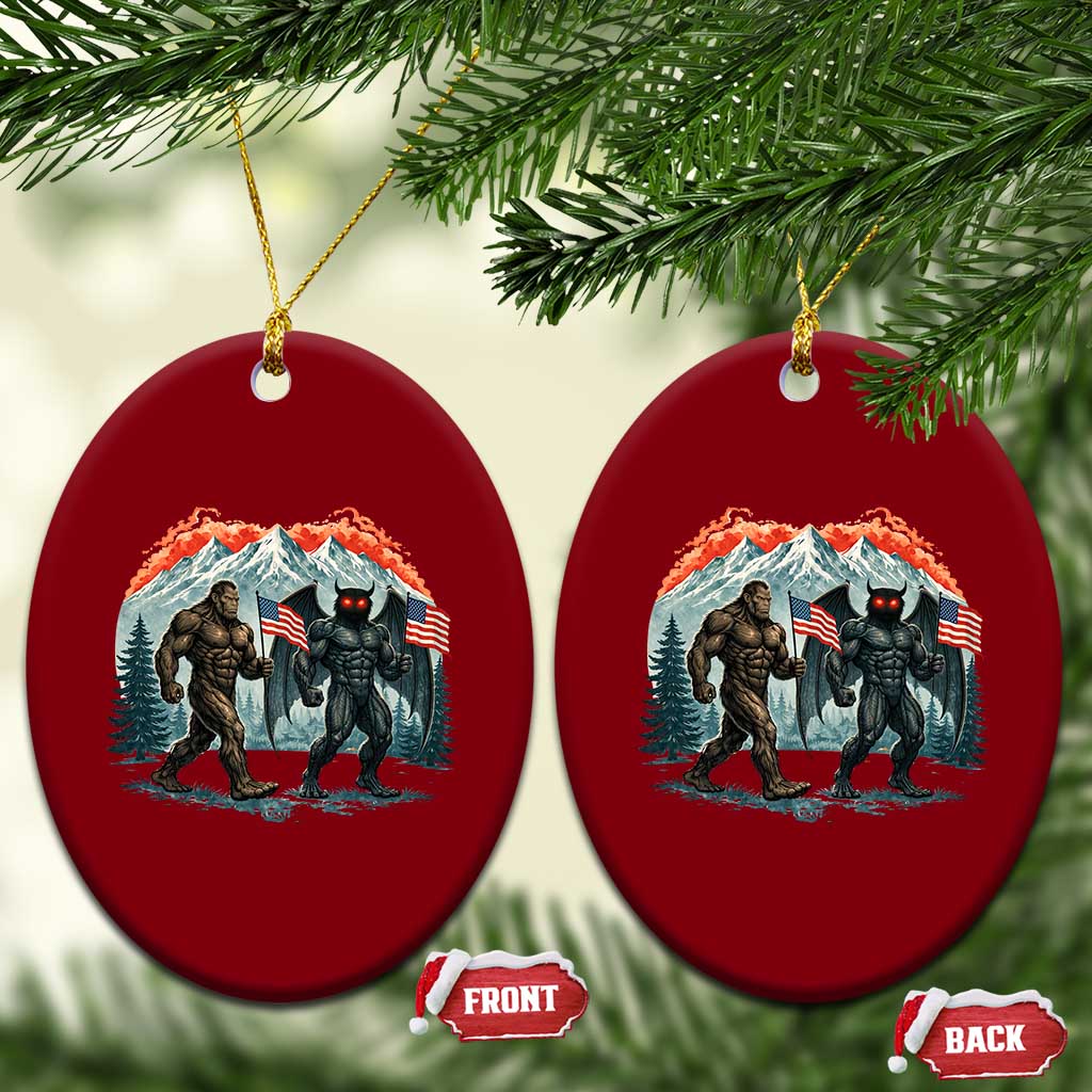 Patriotic Bigfoot And Mothman Ceramic Ornament Funny Cryptid Lover Gift