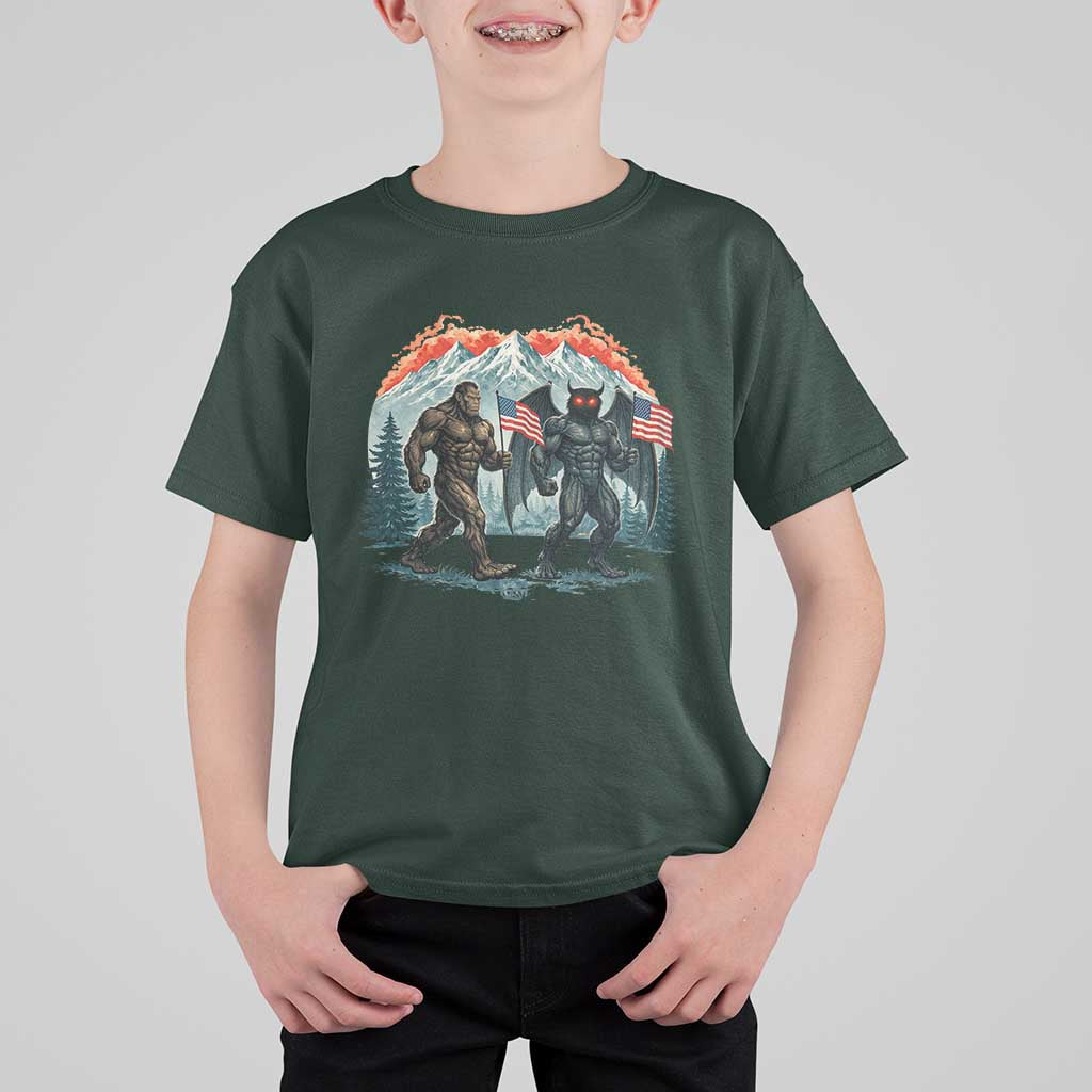 Patriotic Bigfoot And Mothman T Shirt For Kid Funny Cryptid Lover Gift