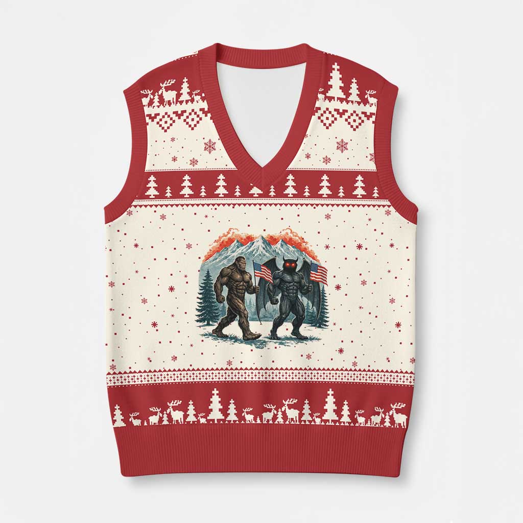 Patriotic Bigfoot And Mothman V-Neck Knit Sweater Vest Funny Cryptid Lover Gift