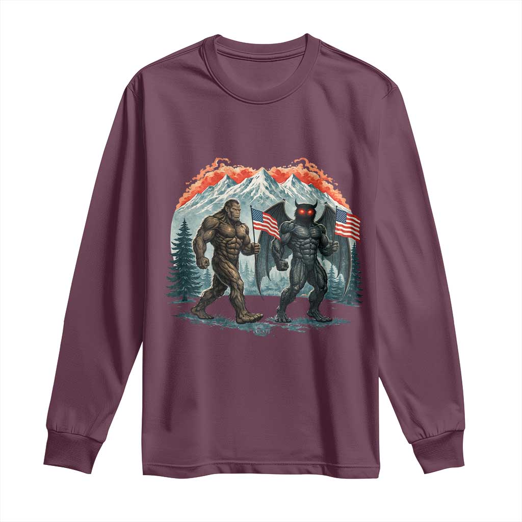 Patriotic Bigfoot And Mothman Long Sleeve Shirt Funny Cryptid Lover Gift