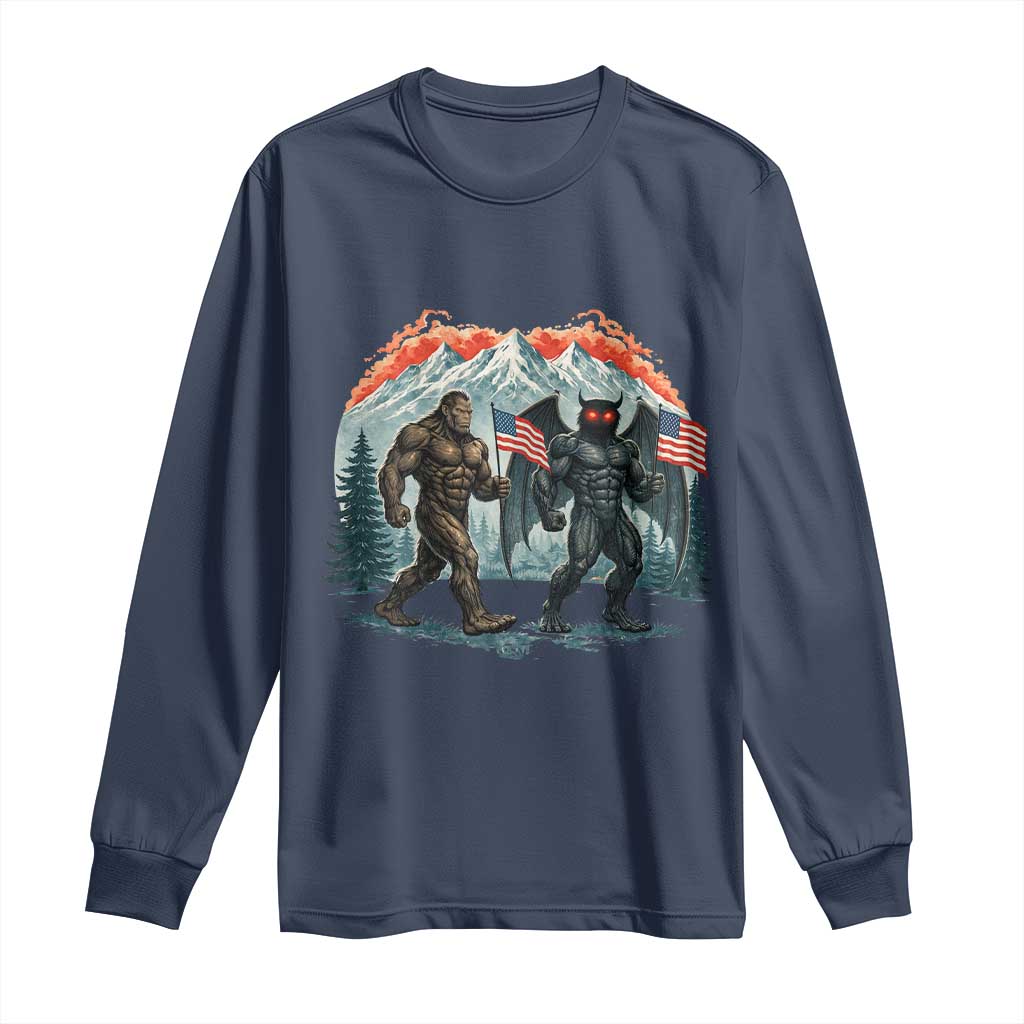 Patriotic Bigfoot And Mothman Long Sleeve Shirt Funny Cryptid Lover Gift