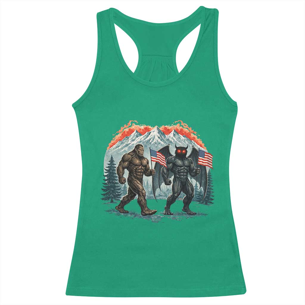 Patriotic Bigfoot And Mothman Racerback Tank Top Funny Cryptid Lover Gift