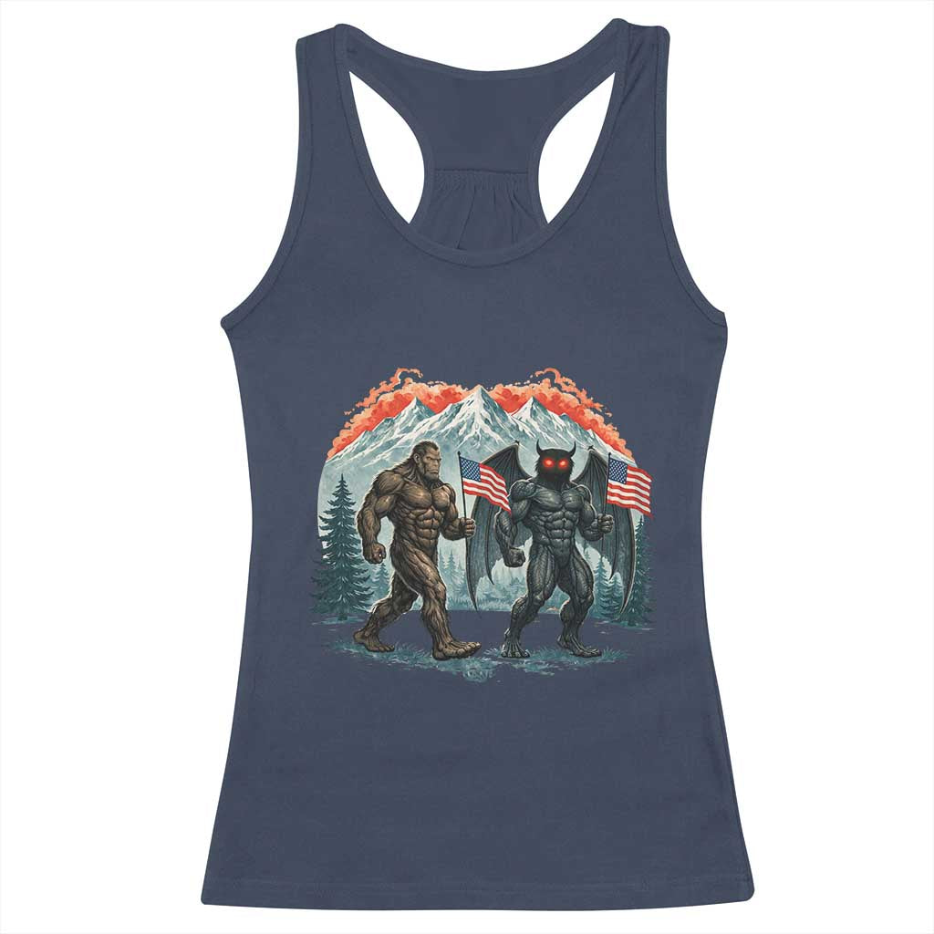 Patriotic Bigfoot And Mothman Racerback Tank Top Funny Cryptid Lover Gift