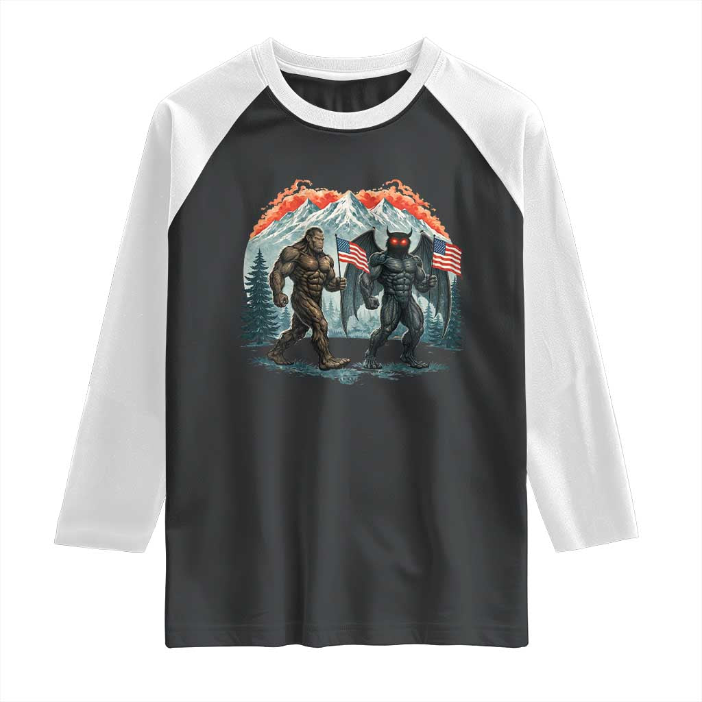Patriotic Bigfoot And Mothman Raglan Shirt Funny Cryptid Lover Gift