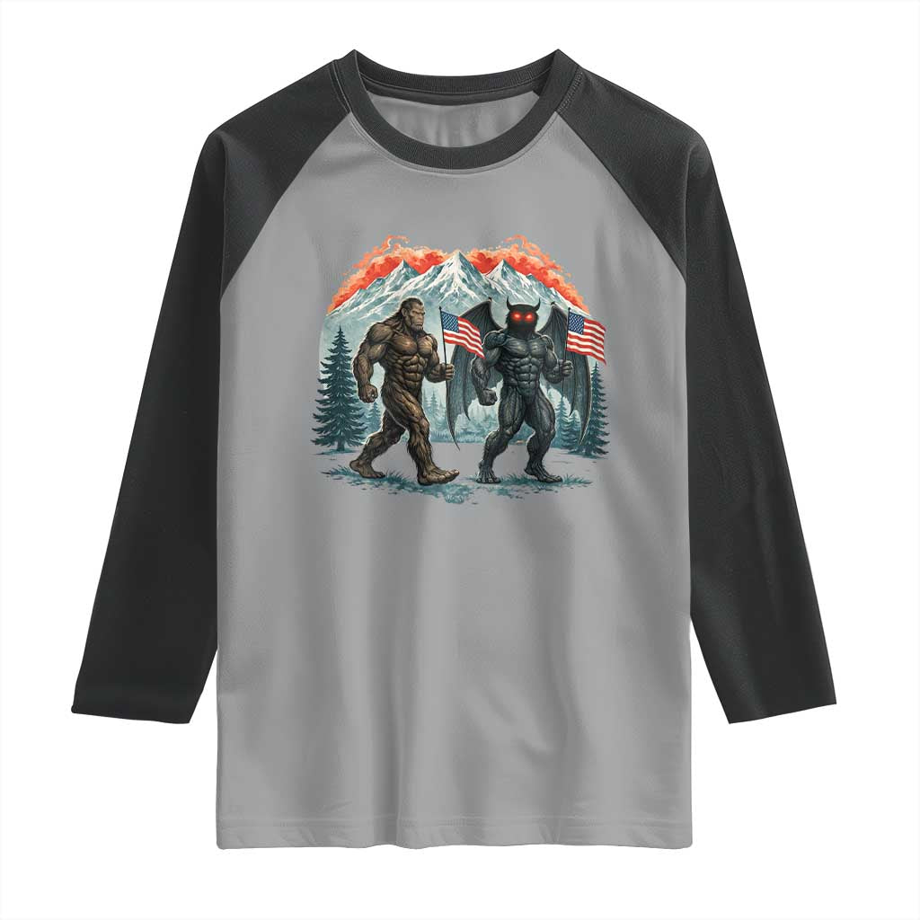 Patriotic Bigfoot And Mothman Raglan Shirt Funny Cryptid Lover Gift