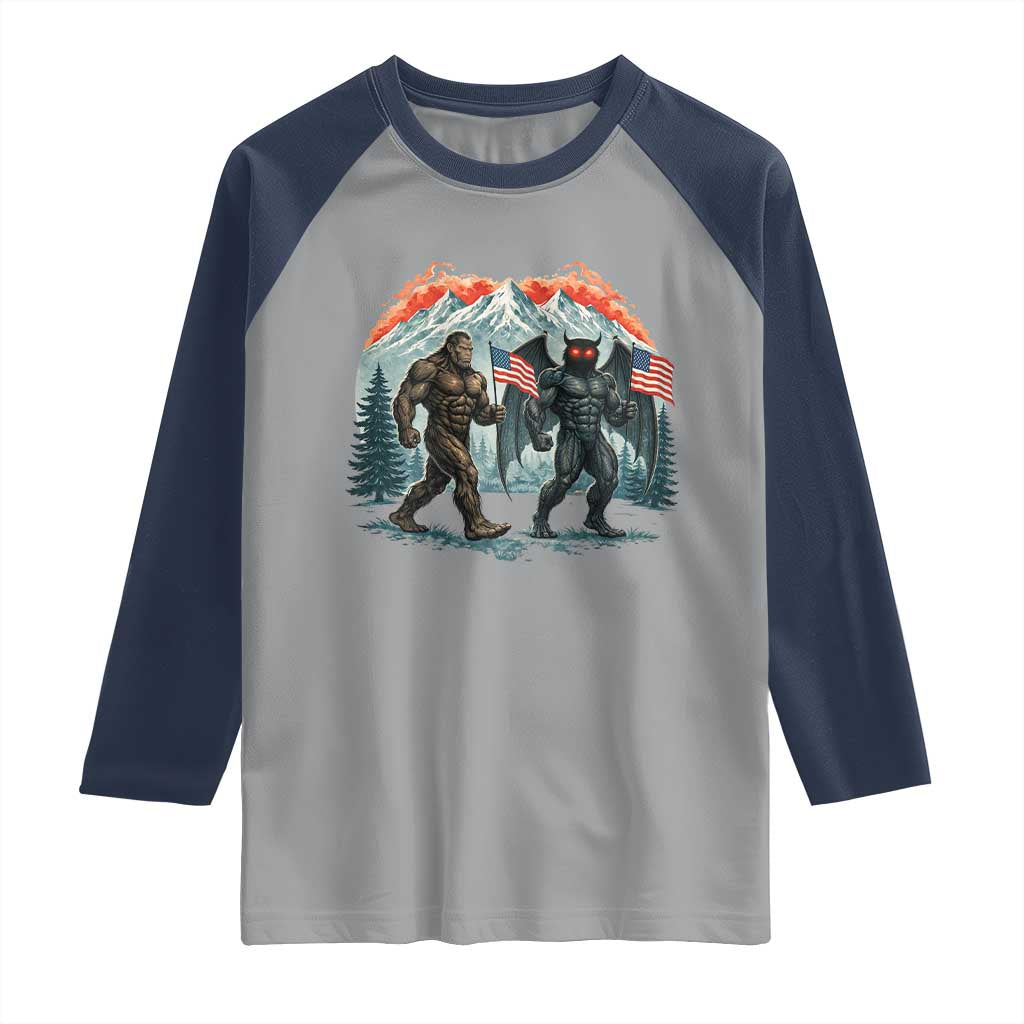 Patriotic Bigfoot And Mothman Raglan Shirt Funny Cryptid Lover Gift