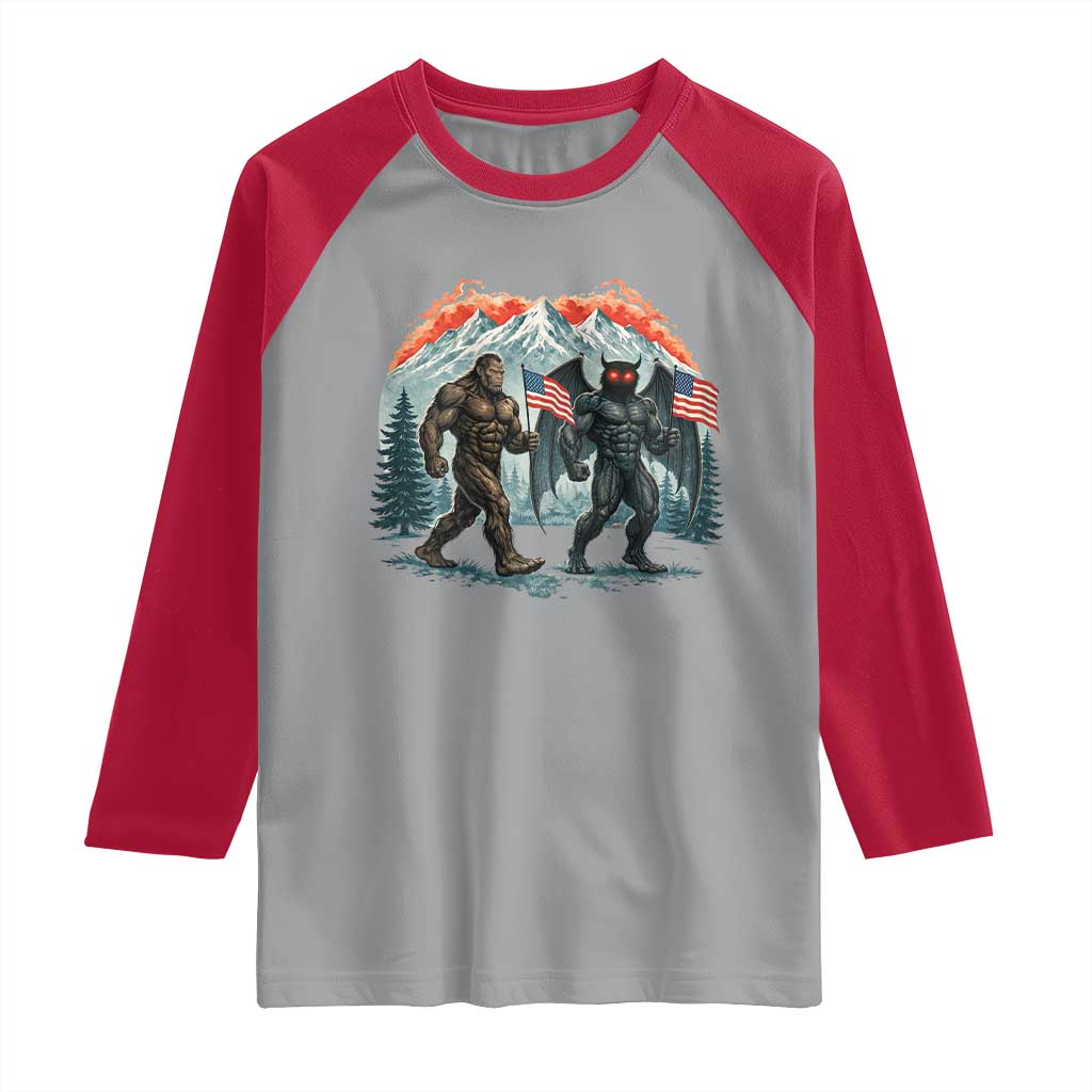 Patriotic Bigfoot And Mothman Raglan Shirt Funny Cryptid Lover Gift