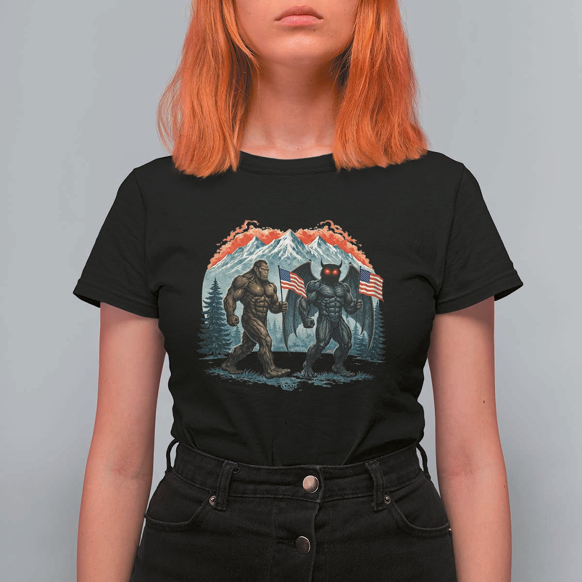 Patriotic Bigfoot And Mothman T Shirt For Women Funny Cryptid Lover Gift