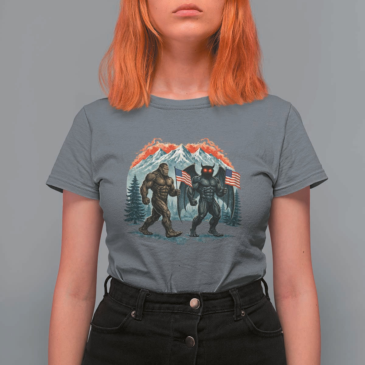 Patriotic Bigfoot And Mothman T Shirt For Women Funny Cryptid Lover Gift