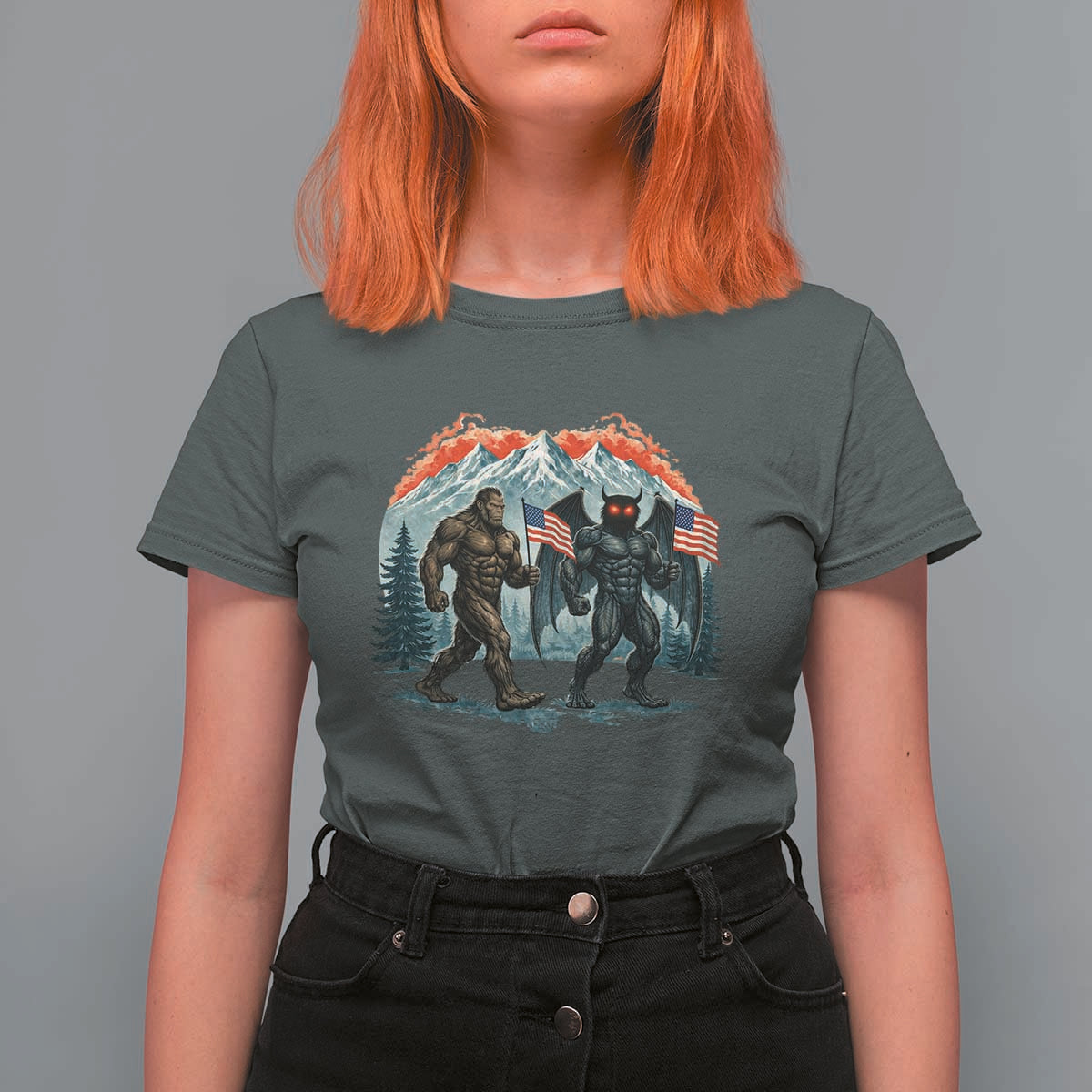 Patriotic Bigfoot And Mothman T Shirt For Women Funny Cryptid Lover Gift