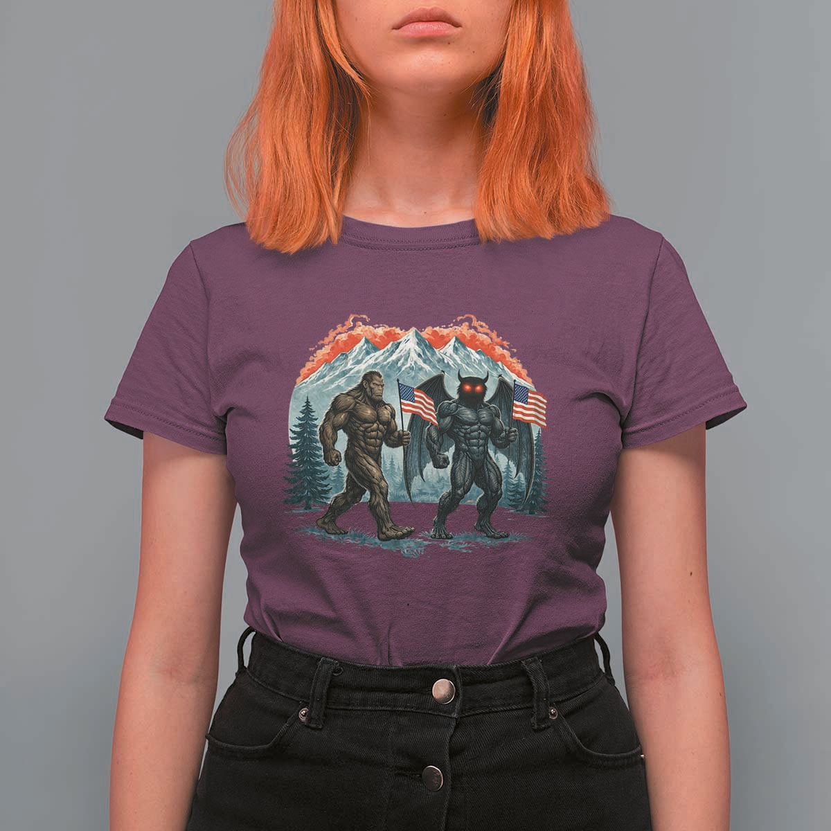 Patriotic Bigfoot And Mothman T Shirt For Women Funny Cryptid Lover Gift