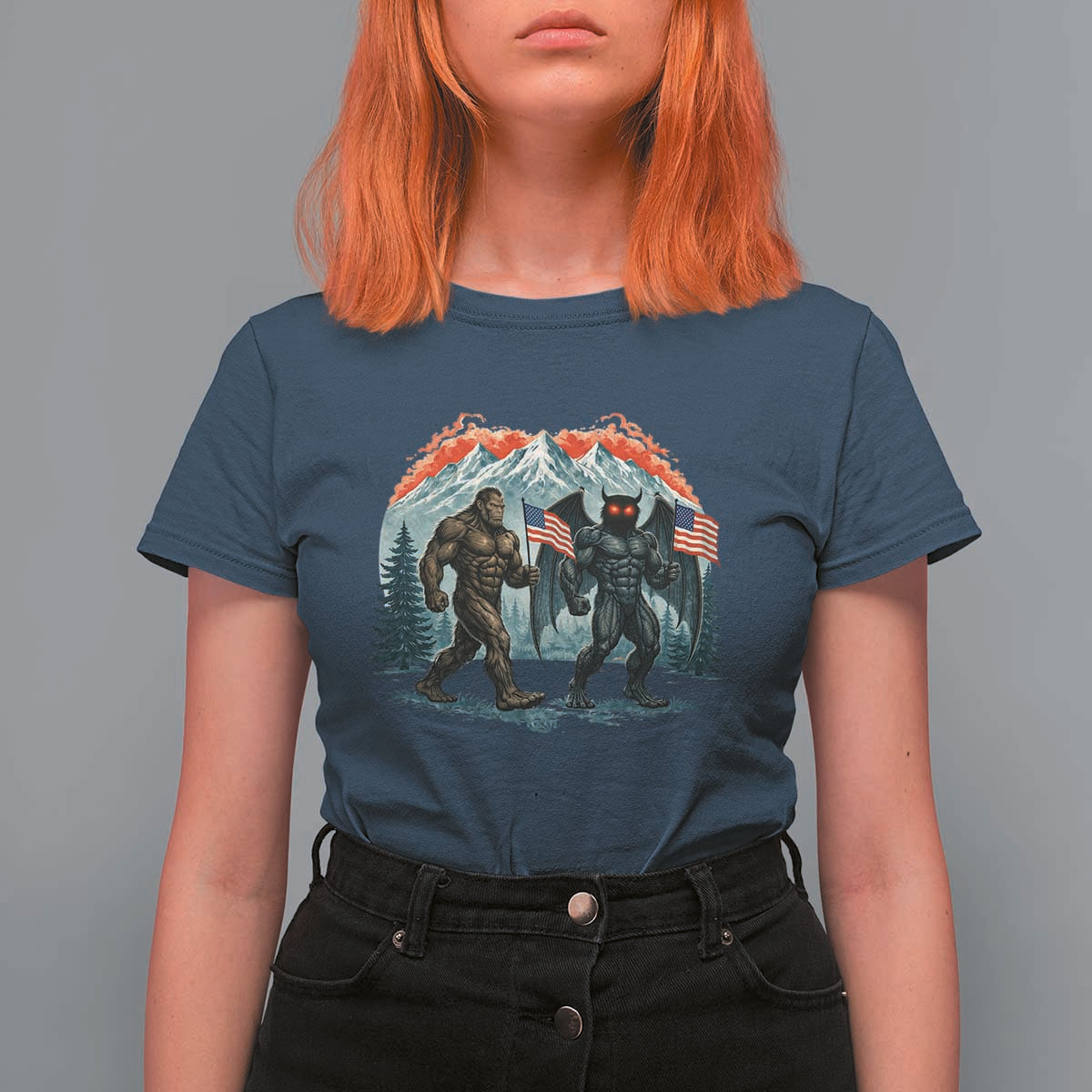 Patriotic Bigfoot And Mothman T Shirt For Women Funny Cryptid Lover Gift