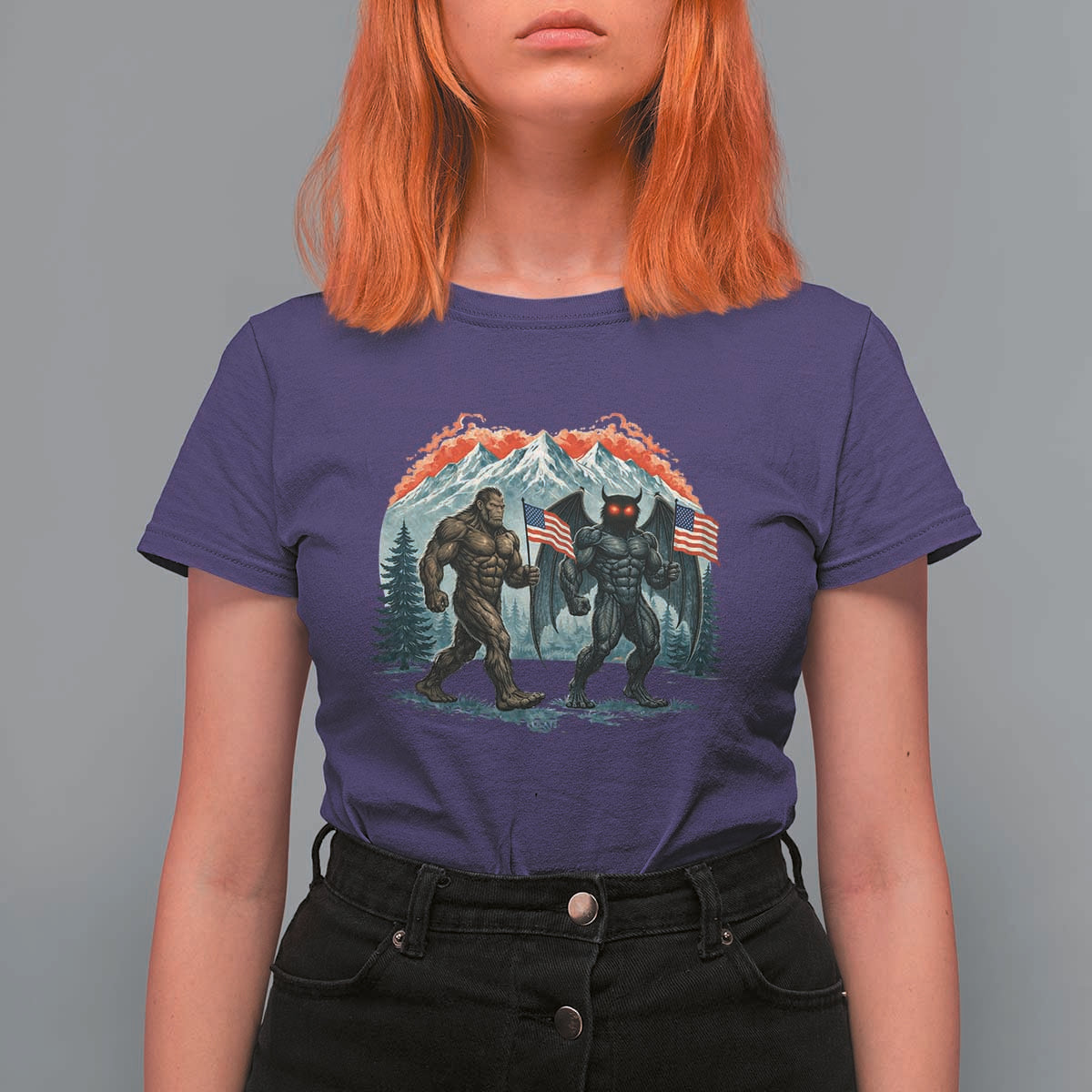 Patriotic Bigfoot And Mothman T Shirt For Women Funny Cryptid Lover Gift