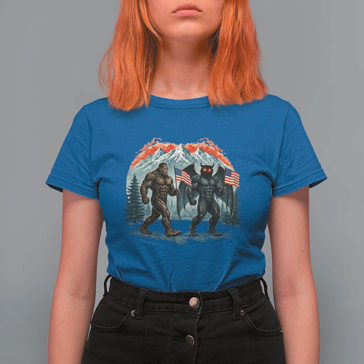 Patriotic Bigfoot And Mothman T Shirt For Women Funny Cryptid Lover Gift