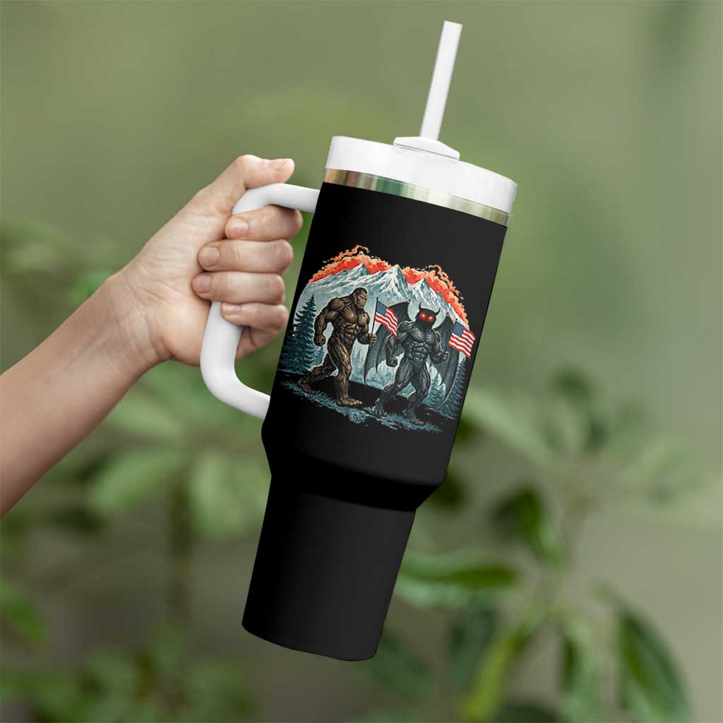 Patriotic Bigfoot And Mothman Tumbler With Handle Funny Cryptid Lover Gift