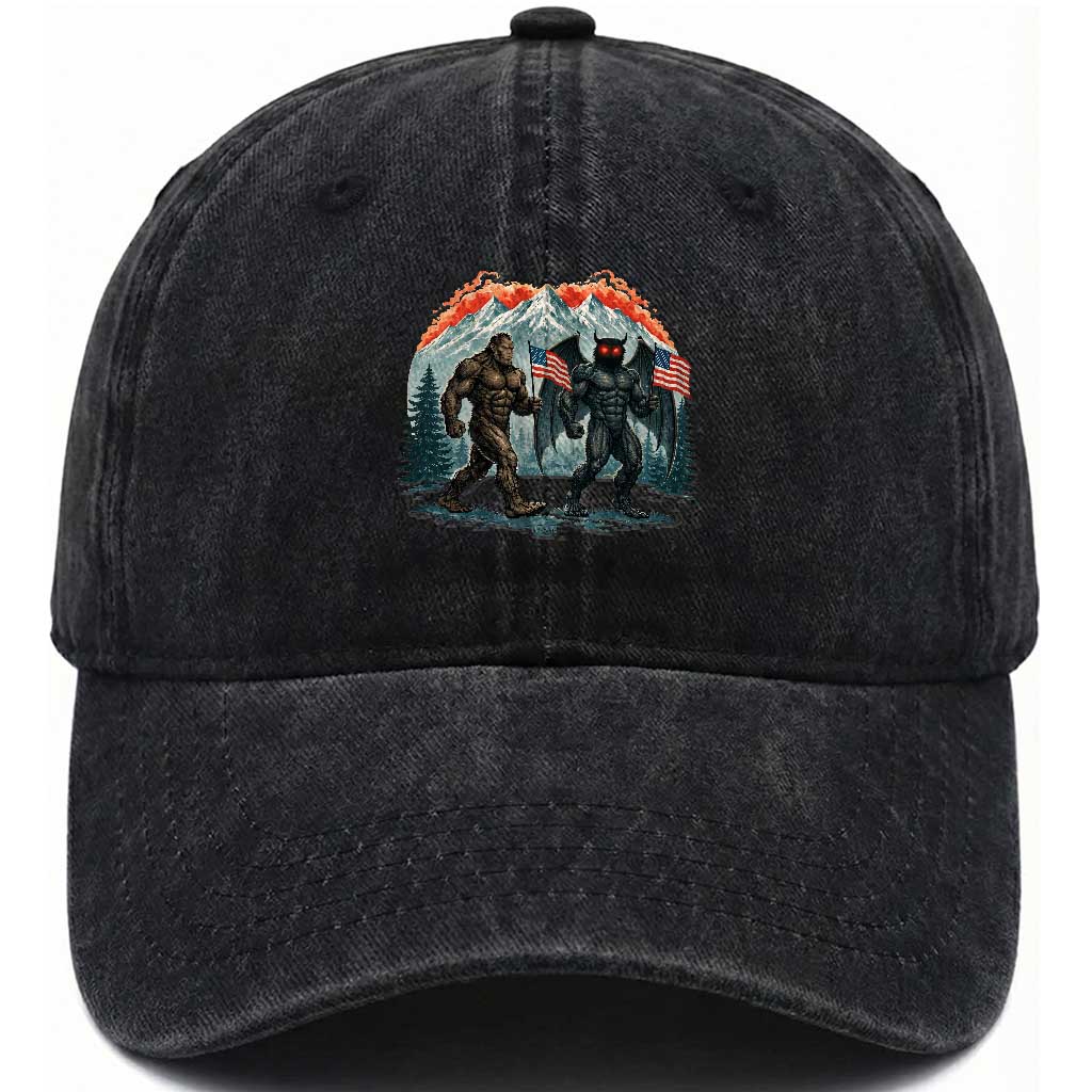 Patriotic Bigfoot And Mothman Washed Cotton Baseball Cap Funny Cryptid Lover Gift