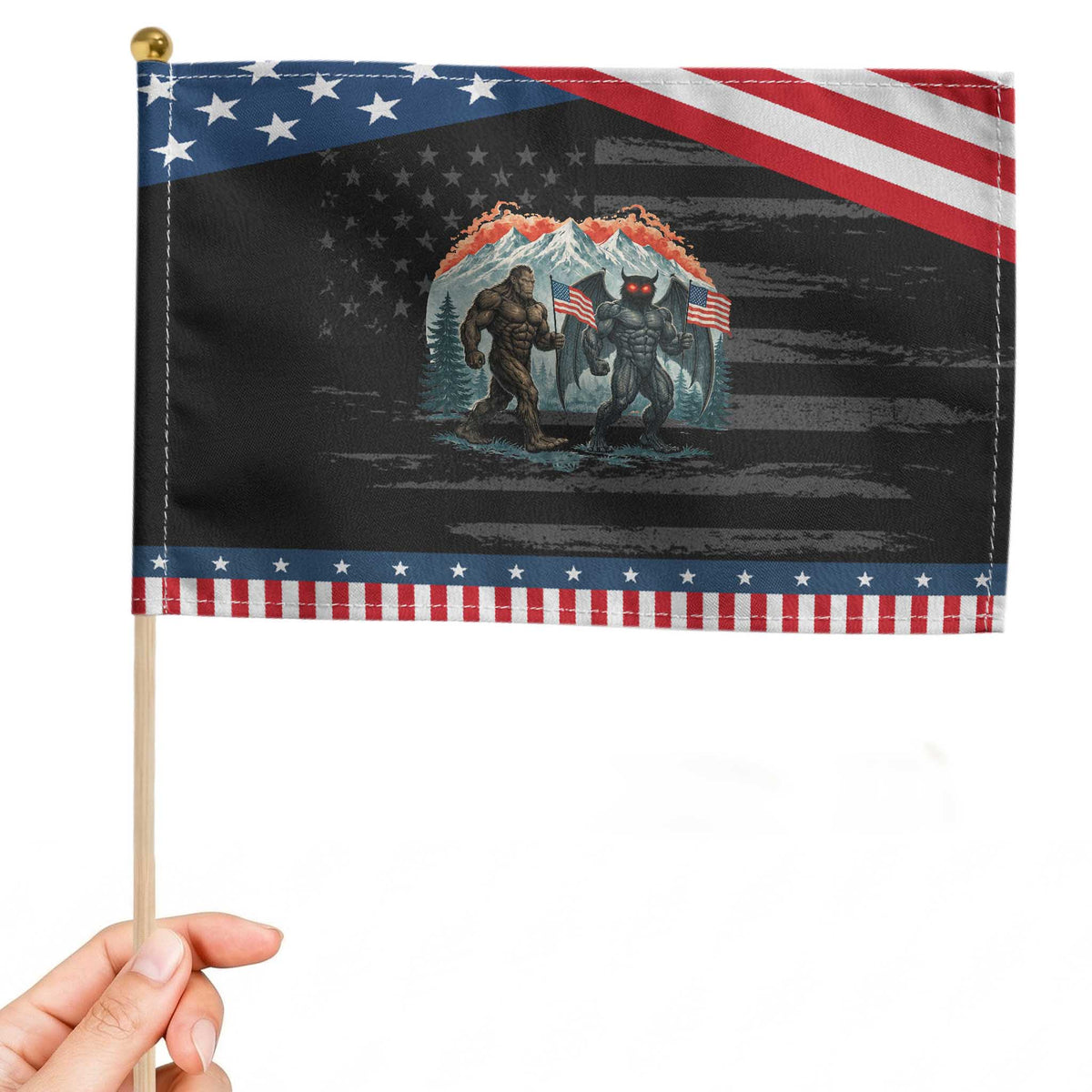 Patriotic Bigfoot And Mothman Patriotic Handheld Flag Funny Cryptid Lover Gift