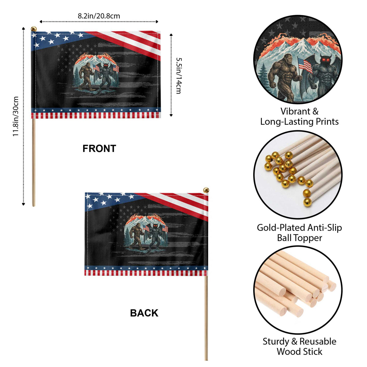 Patriotic Bigfoot And Mothman Patriotic Handheld Flag Funny Cryptid Lover Gift
