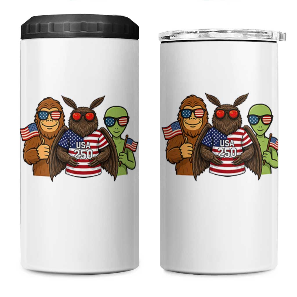 Funny Bigfoot Mothman Alien 4 in 1 Can Cooler Tumbler USA 250th Anniversary