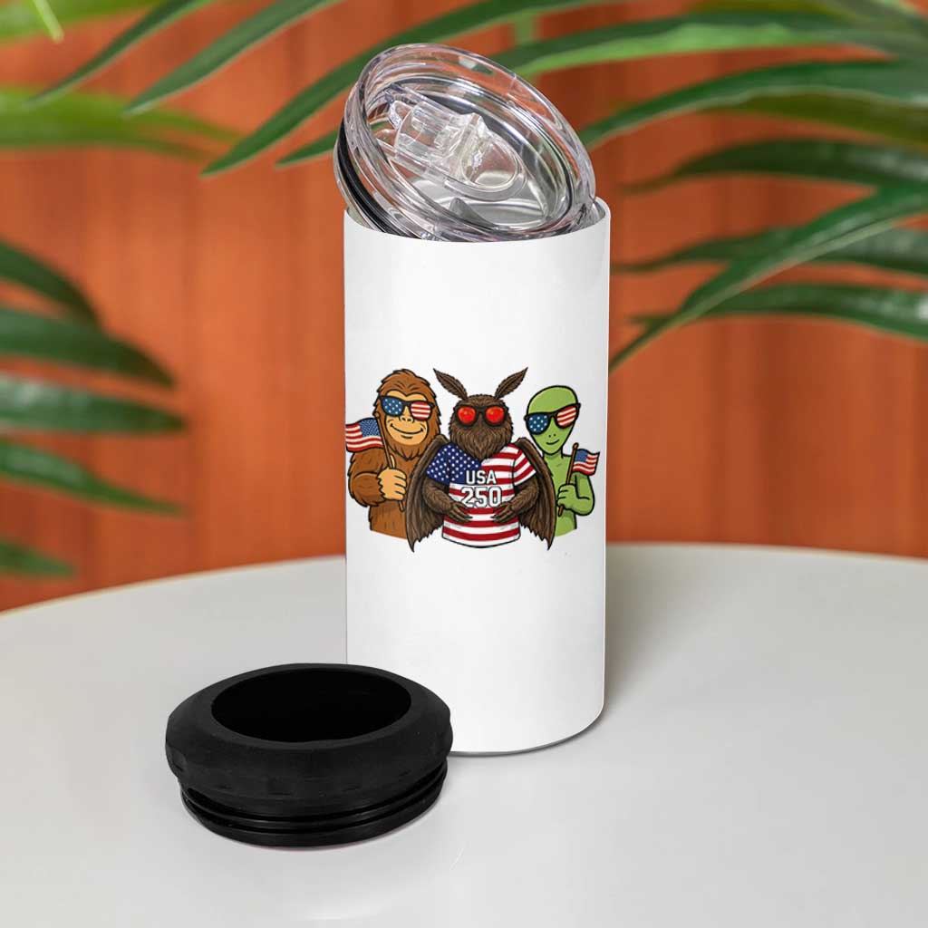 Funny Bigfoot Mothman Alien 4 in 1 Can Cooler Tumbler USA 250th Anniversary