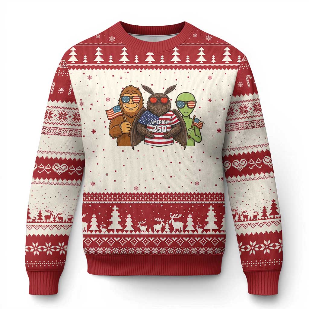 Funny Bigfoot Mothman Alien Ugly Christmas Sweater USA 250th Anniversary
