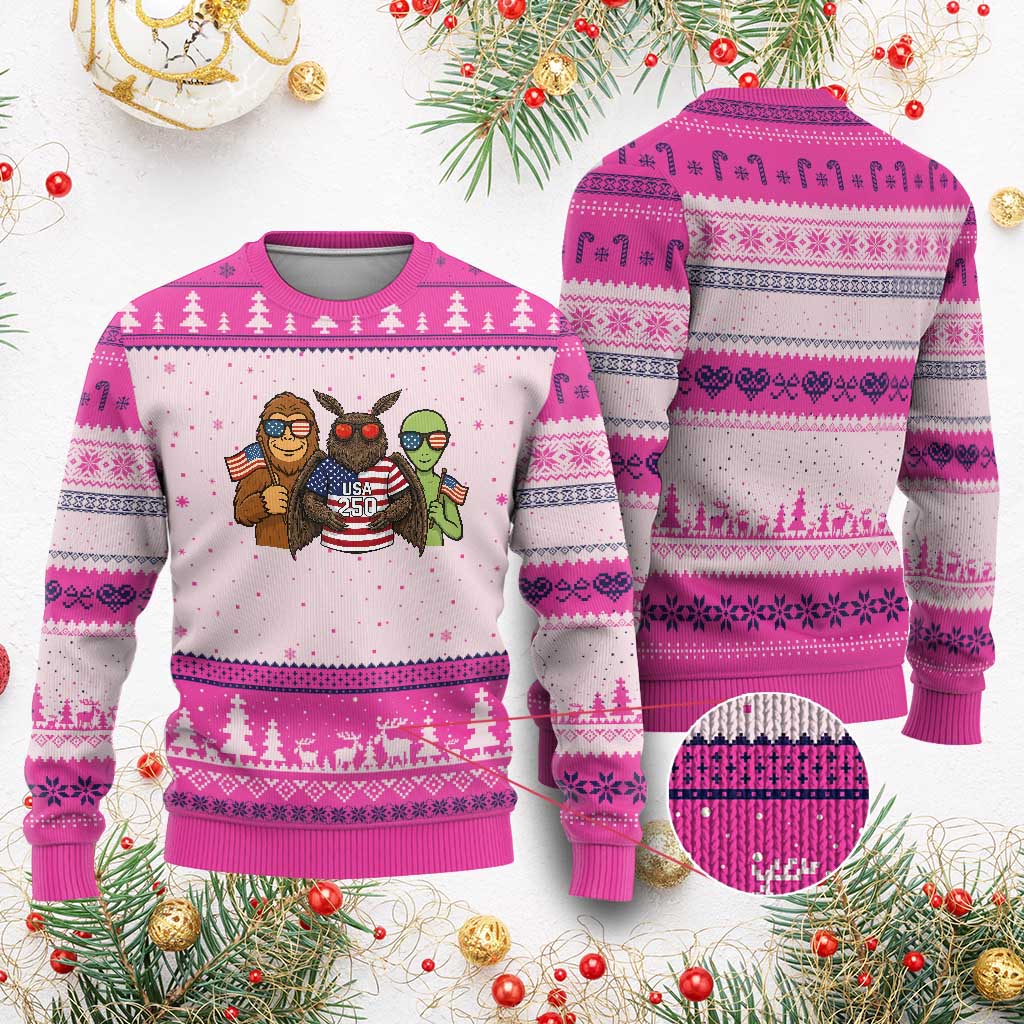 Funny Bigfoot Mothman Alien Ugly Christmas Sweater USA 250th Anniversary