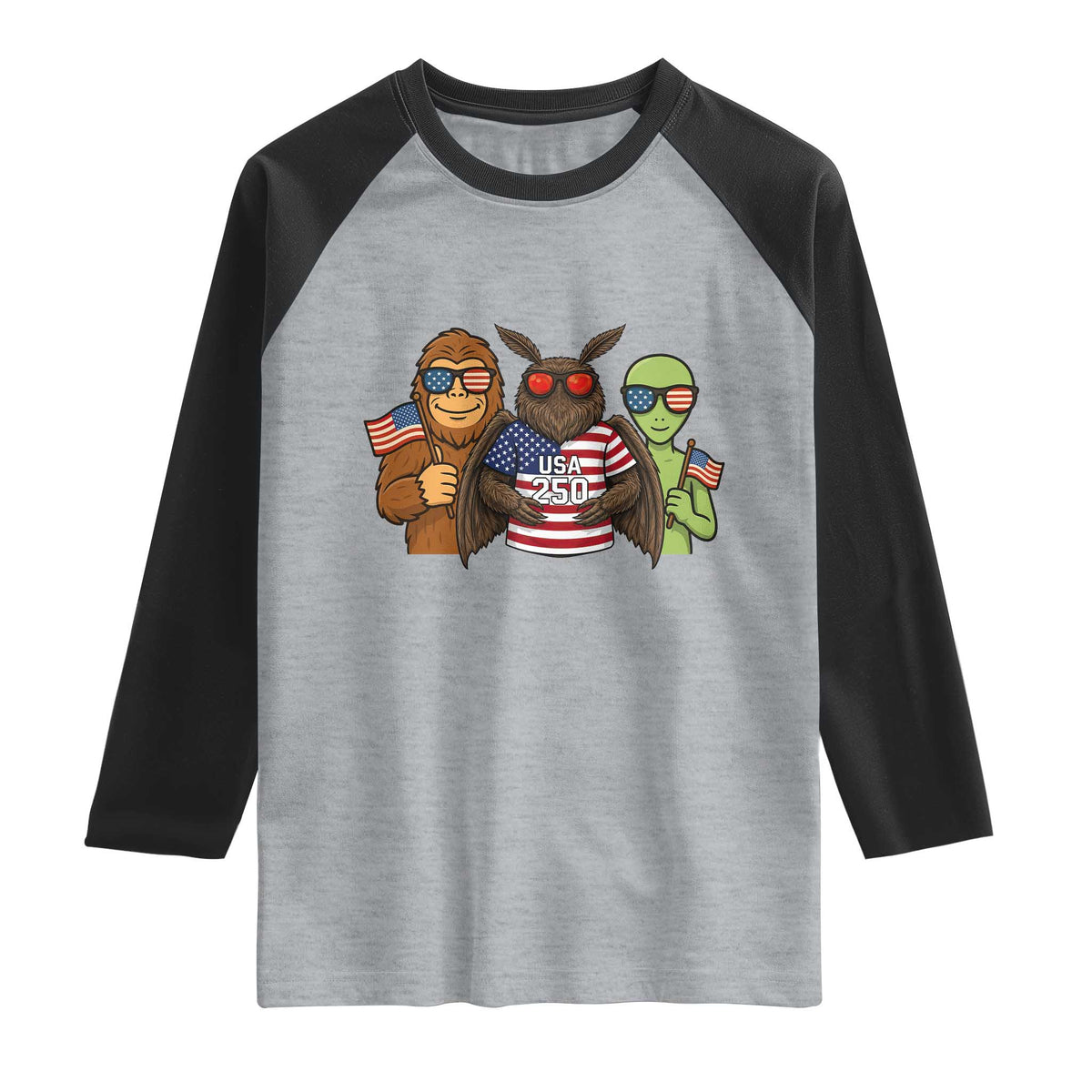 Funny Bigfoot Mothman Alien Raglan Shirt USA 250th Anniversary