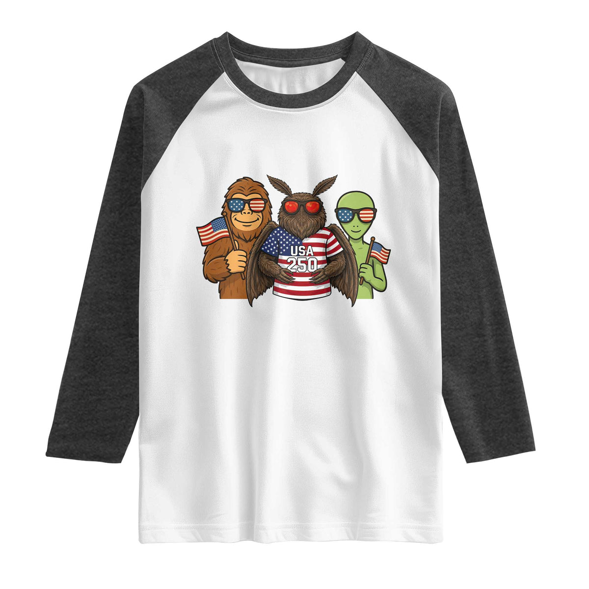 Funny Bigfoot Mothman Alien Raglan Shirt USA 250th Anniversary