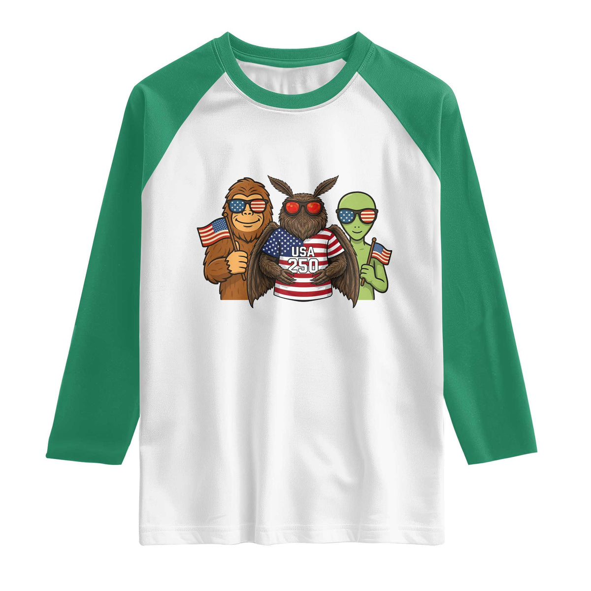 Funny Bigfoot Mothman Alien Raglan Shirt USA 250th Anniversary
