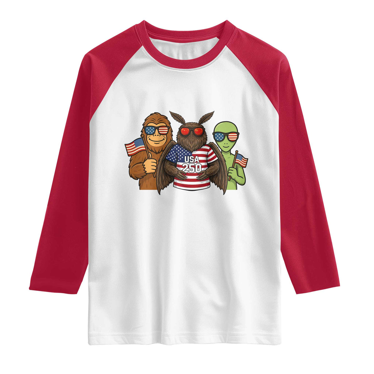Funny Bigfoot Mothman Alien Raglan Shirt USA 250th Anniversary