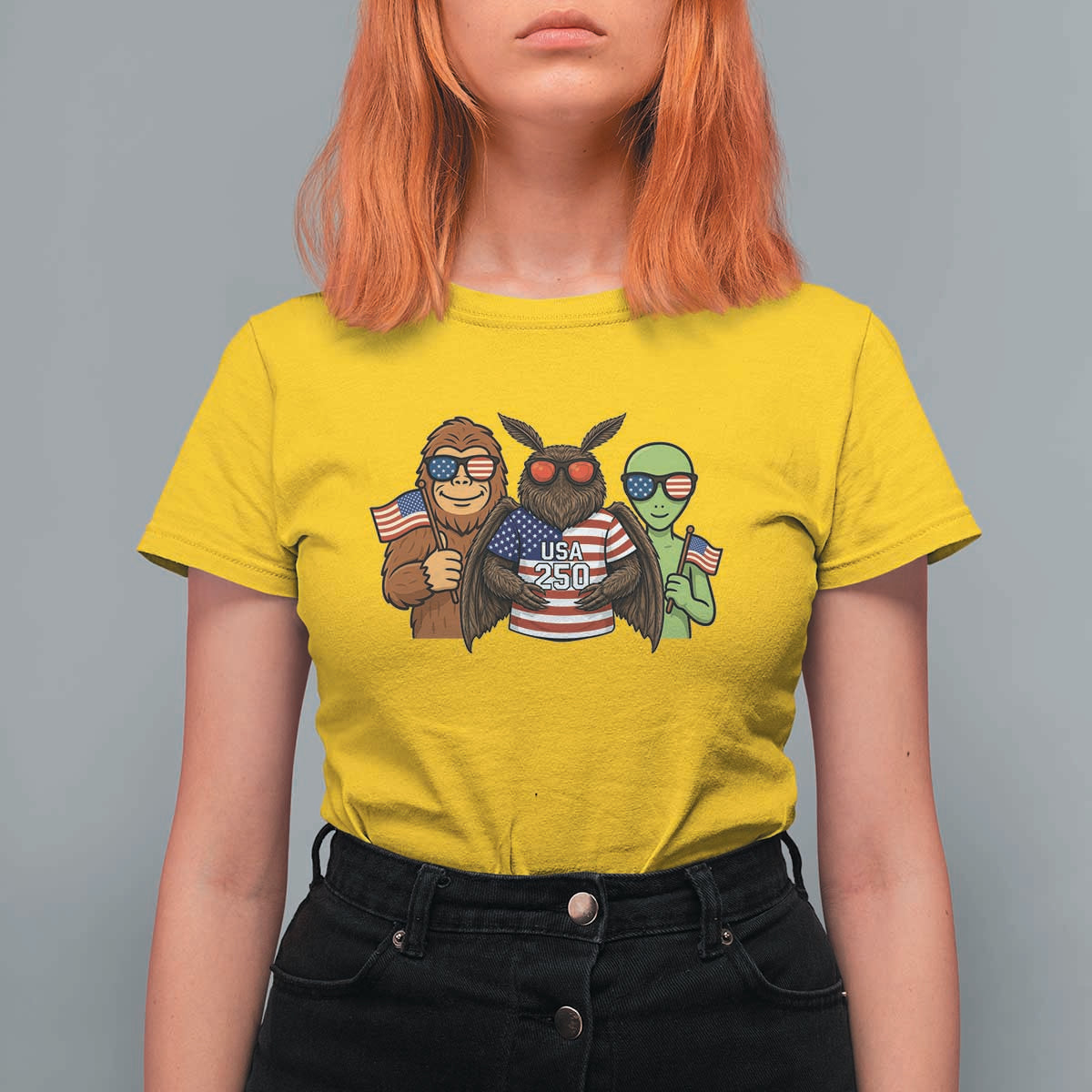 Funny Bigfoot Mothman Alien T Shirt For Women USA 250th Anniversary