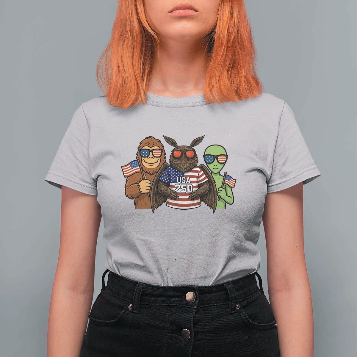 Funny Bigfoot Mothman Alien T Shirt For Women USA 250th Anniversary