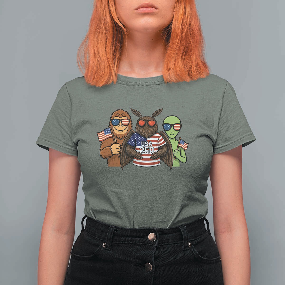 Funny Bigfoot Mothman Alien T Shirt For Women USA 250th Anniversary