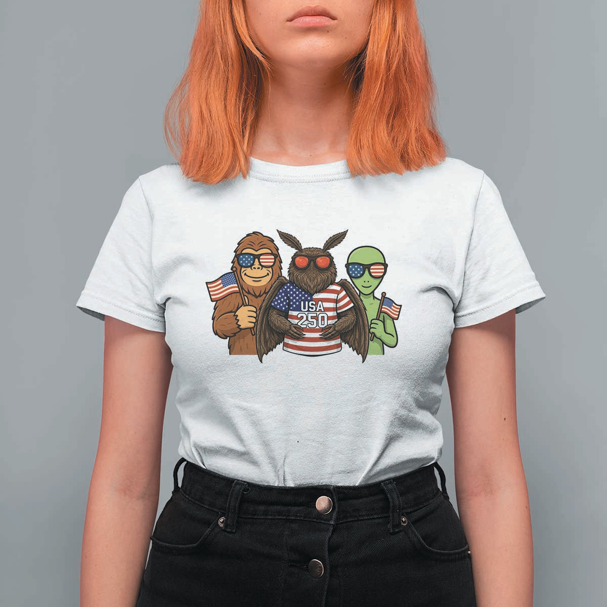 Funny Bigfoot Mothman Alien T Shirt For Women USA 250th Anniversary