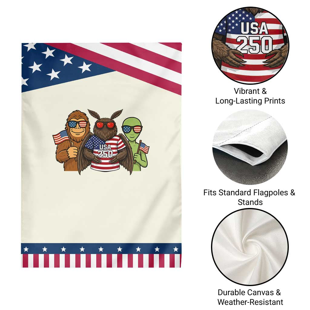Funny Bigfoot Mothman Alien Patriotic Garden Flag USA 250th Anniversary