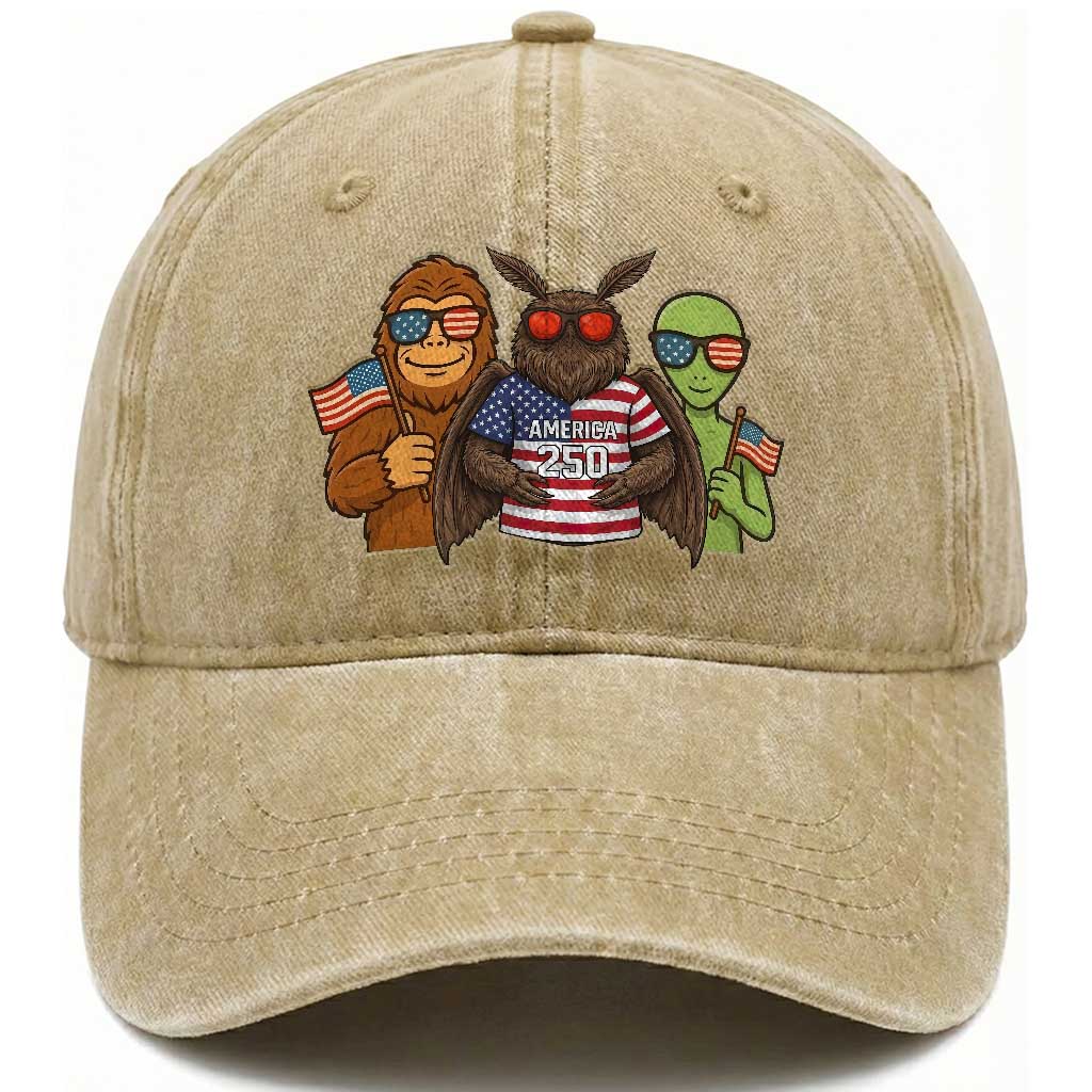 Funny Bigfoot Mothman Alien Washed Cotton Baseball Cap USA 250th Anniversary