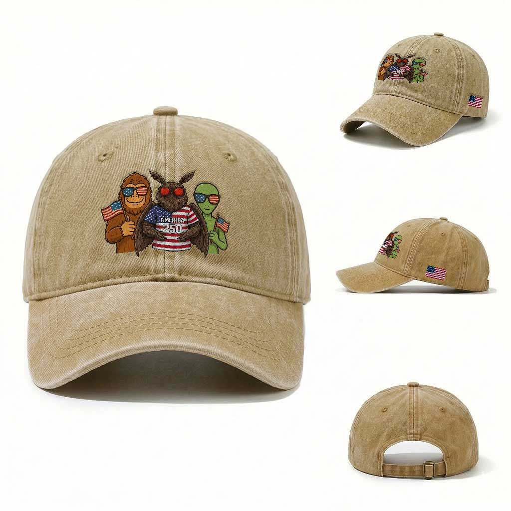 Funny Bigfoot Mothman Alien Washed Cotton Baseball Cap USA 250th Anniversary