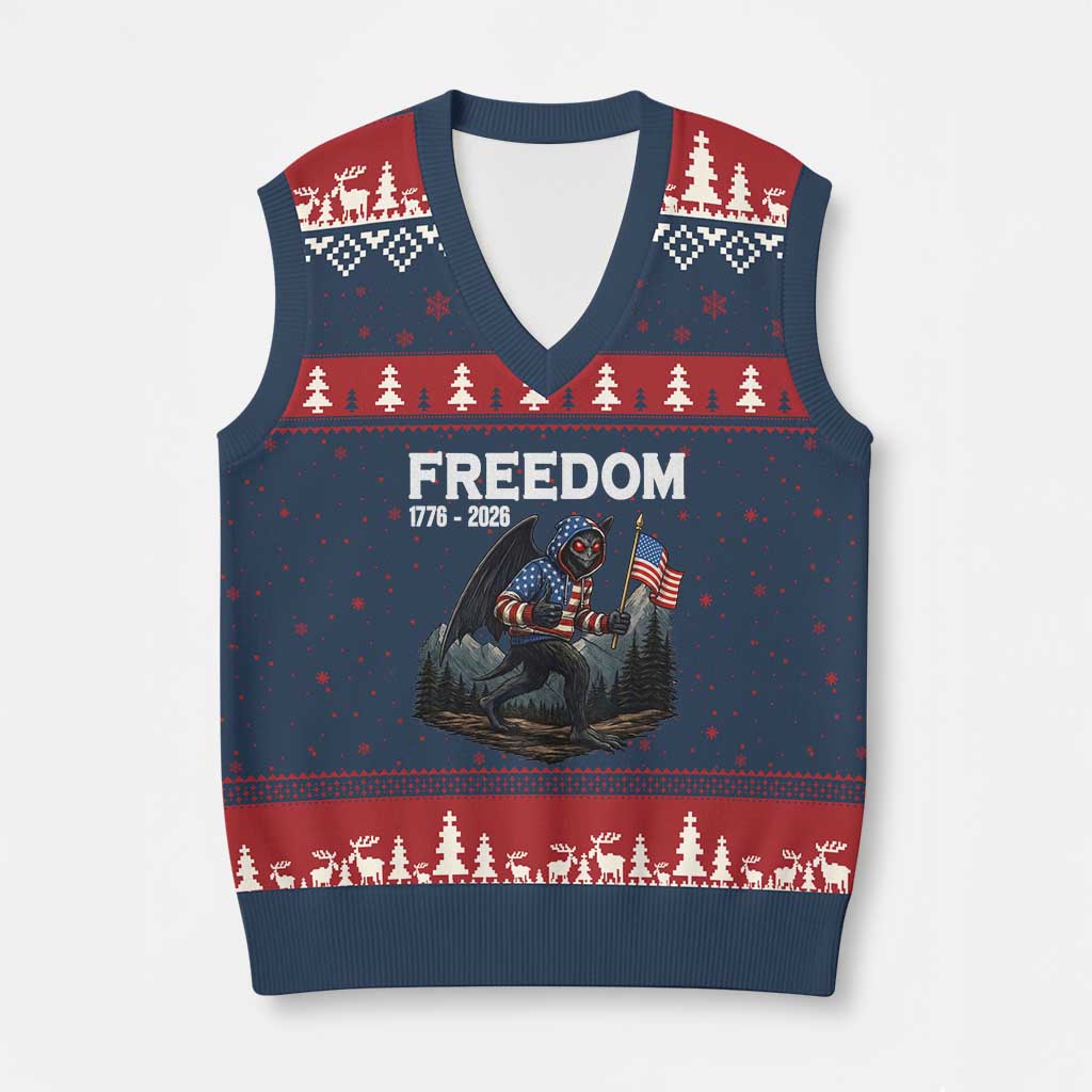 Patriotic Mothman Lover V-Neck Knit Sweater Vest Funny USA 250 Anniversary Gift