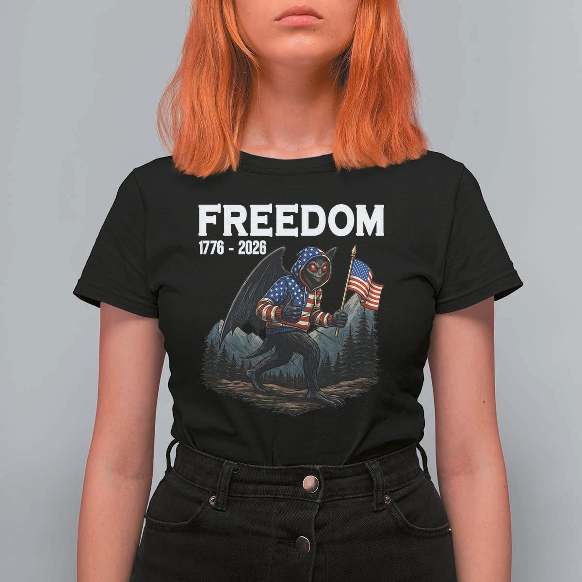Patriotic Mothman Lover T Shirt For Women Funny USA 250 Anniversary Gift